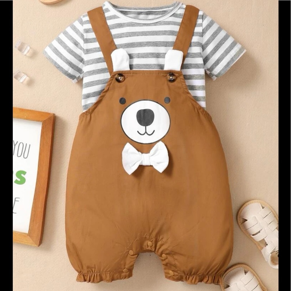 Baby Unisex Striped Tee & Cartoon Graphic Overall Shorts